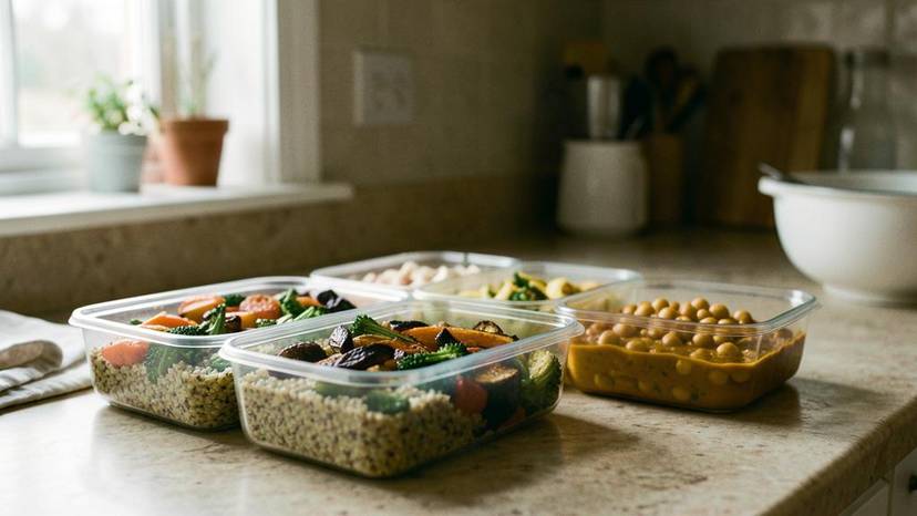 Vegan meal prep containers with quinoa, roasted vegetables, and chickpea curry on a kitchen counter in the UK