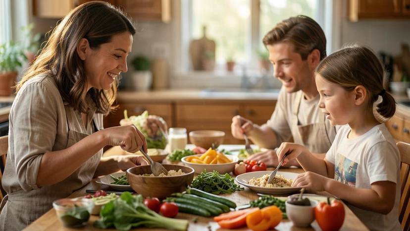 Părinți și copii gătind împreună o masă vegană, discutând despre alimente și nutriție.