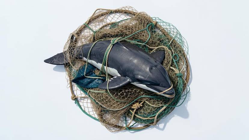 Ballena jorobada enredada en artes de pesca en el Mediterráneo, mostrando el impacto de la pesca en cetáceos.