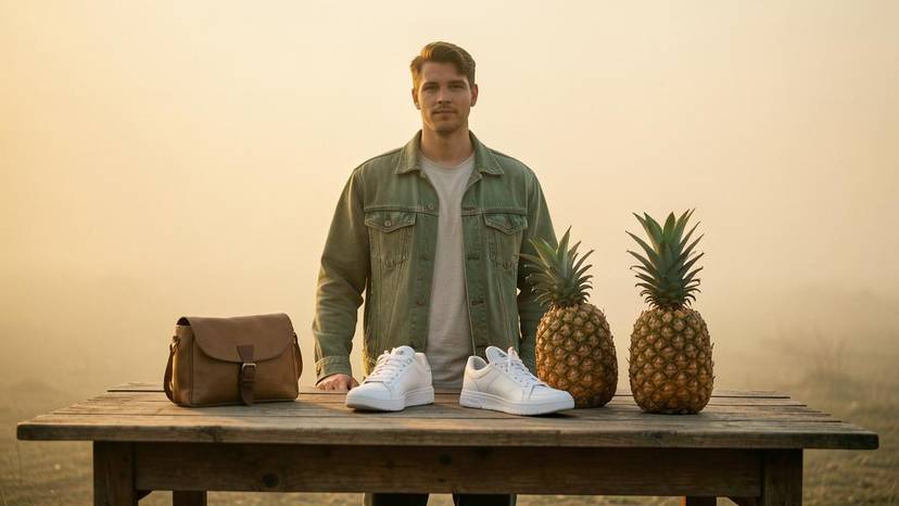Vegane Lederalternativen aus Kaktus und Ananas als Jacke, Tasche und Sneaker auf Holz-Tisch