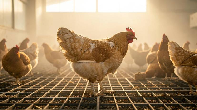 Mue forcée poules pondeuses : poule épuisée dans un élevage industriel français, plumes abîmées, sol en caillebotis