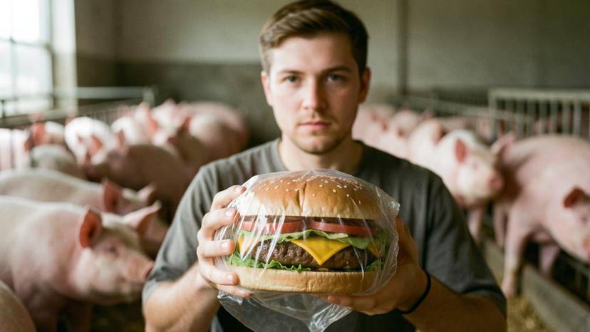 Burger de supermarché dans un emballage plastique, avec en arrière-plan flou un élevage intensif de porcs, illustrant le coût caché d'un burger de supermarché
