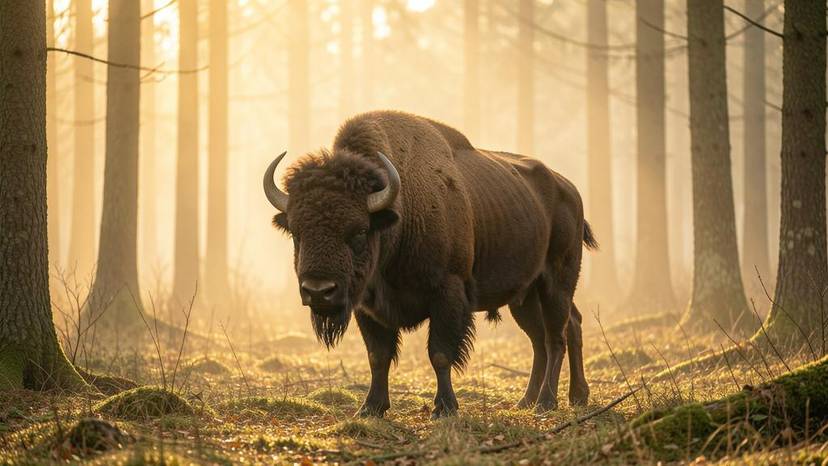 Bison d'Europe dans une forêt française réensauvagée, symbole du réensauvagement et de la biodiversité restaurée