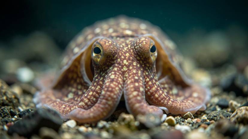 Kecerdasan gurita dalam foto: gurita vulgaris dengan mata tajam di dasar laut, menyoroti sentience dan kebutuhan perlindungan hak hewan