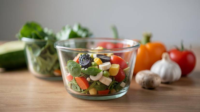 meal prep vegano em Portugal com recipientes de vidro e legumes frescos