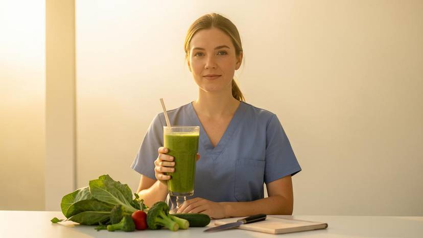 Plantaardige voeding diëtist met groene smoothie en groenten in Nederlandse kliniek