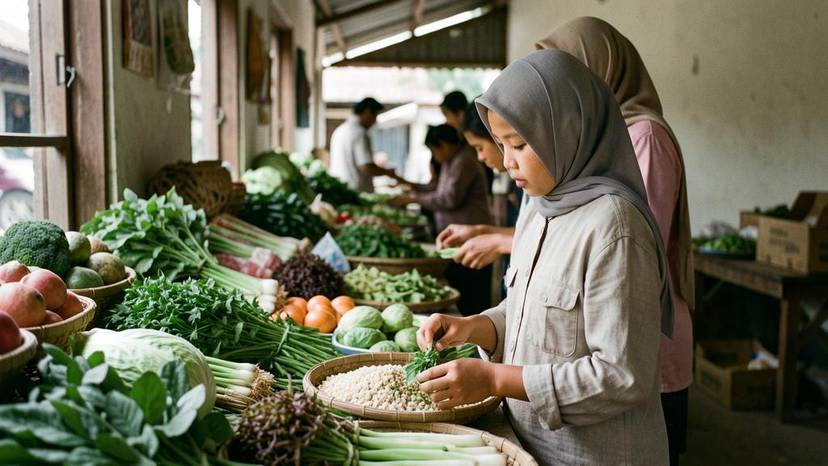 Ibu dan anak di pasar sayur tradisional Indonesia, belajar tentang makanan nabati