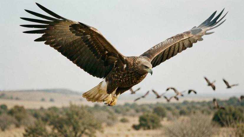 Colapso de los buitres: buitre leonado sobrevolando el Parque Nacional de Monfragüe en España, con bandada al fondo