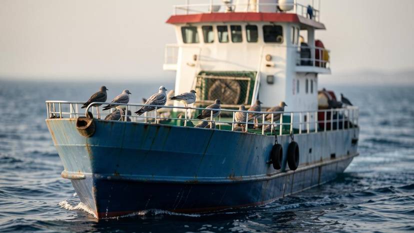 Промислове рибальське судно в Чорному морі з приловом морських птахів на палубі