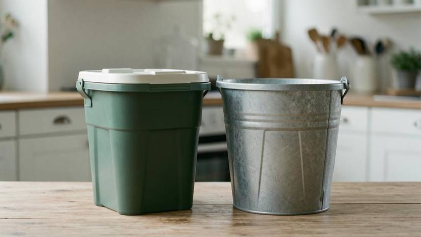 Bokashi Eimer und Komposter nebeneinander in einer deutschen Küche für Zero-Waste-Vergleich 2026
