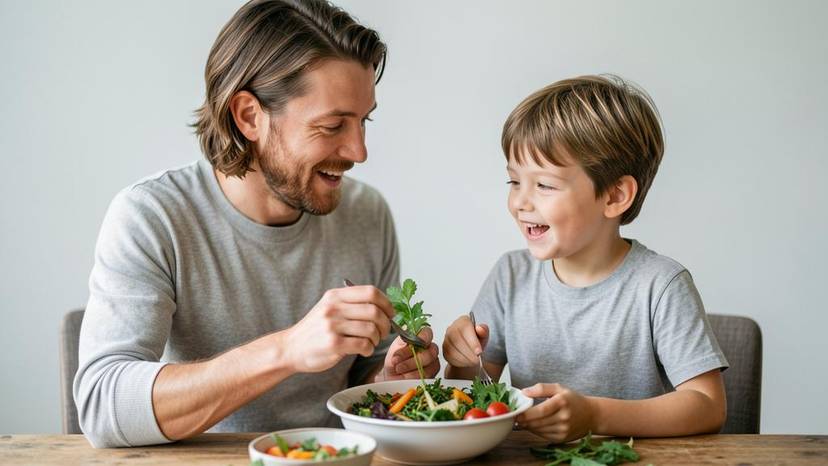Parent and child exploring a plant-based meal together, talking about where food comes from