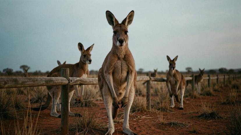 Känguru-Keulung Australien: Wilde Kängurus in der Dämmerung am Zaun im Outback, Symbol für die umstrittene Keulungspraxis