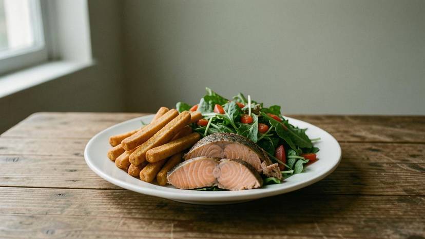 Alternatives végétales au poisson : bâtonnets, filet de saumon végétal et salade de thon végétal sur table en bois
