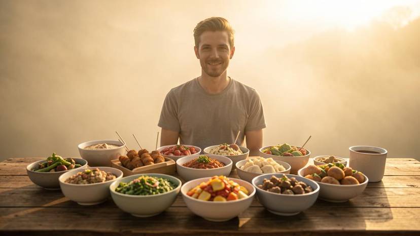 Klimafreundliches veganes Buffet mit bunten Bowls und Fingerfood für eine Party