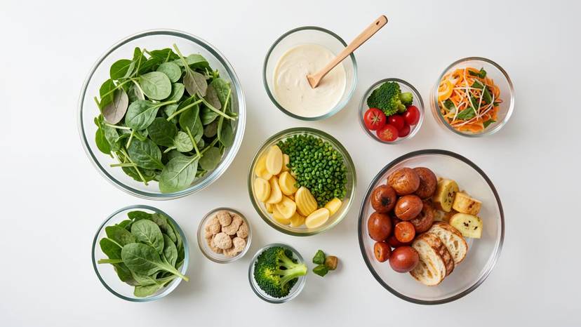 meal-prep berasaskan tumbuhan 2026 dalam bekas kaca pelbagai warna di dapur moden Malaysia