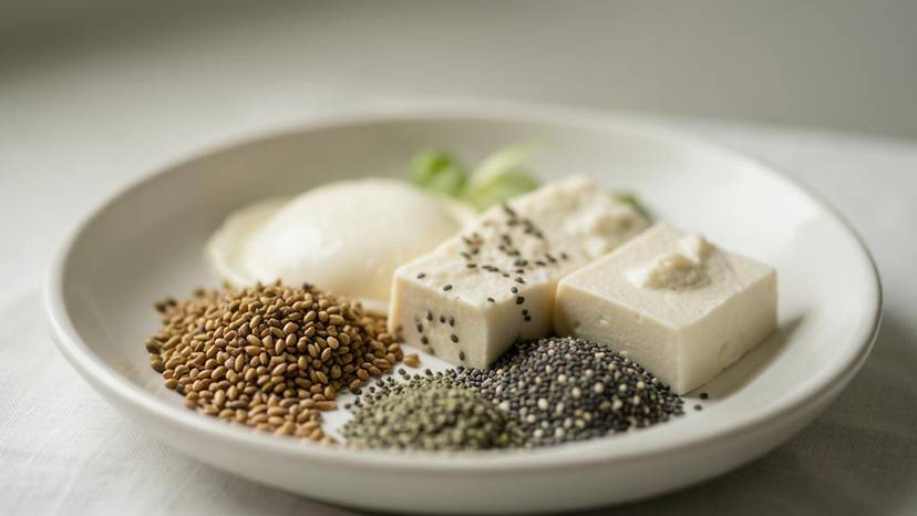 Vegan yumurta ikameleri: keten tohumu, chia, aquafaba ve tofu içeren kahvaltı masası