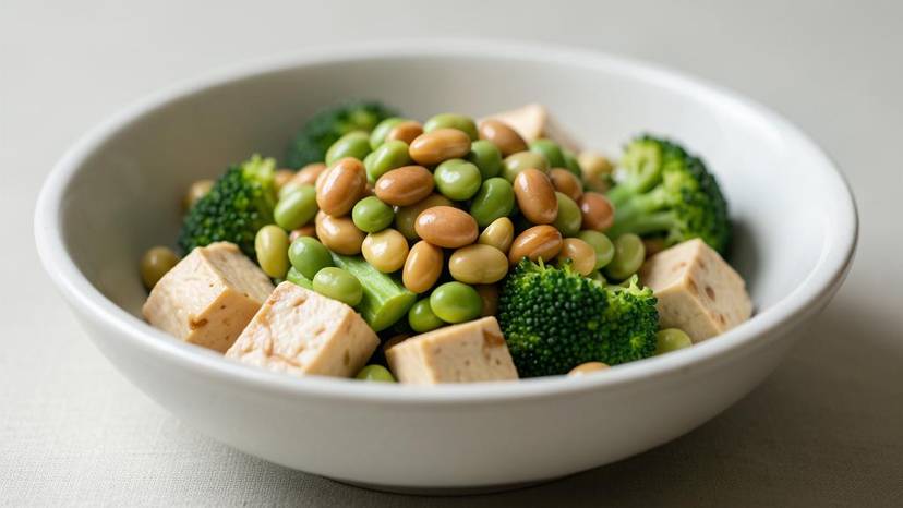 Refeição vegana rica em colina com edamame, tofu, brócolos e manteiga de amendoim