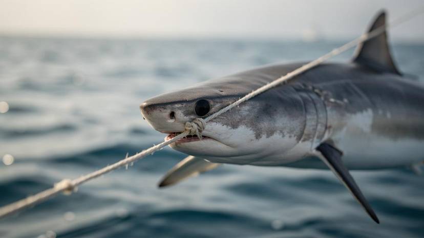 Blauhai als Beifang an einer Thunfisch-Langleine im Ozean – Shark bycatch in der Fischerei
