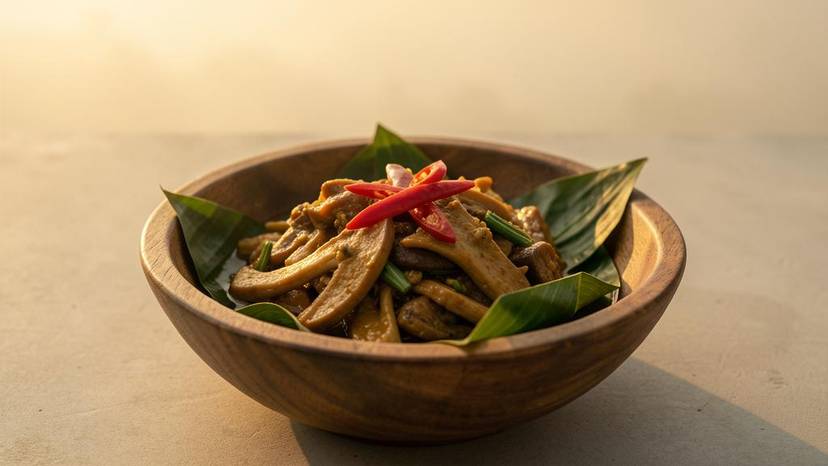 Rendang jamur vegan pedas dalam mangkuk kayu dengan daun jeruk dan cabai merah, siap disantap