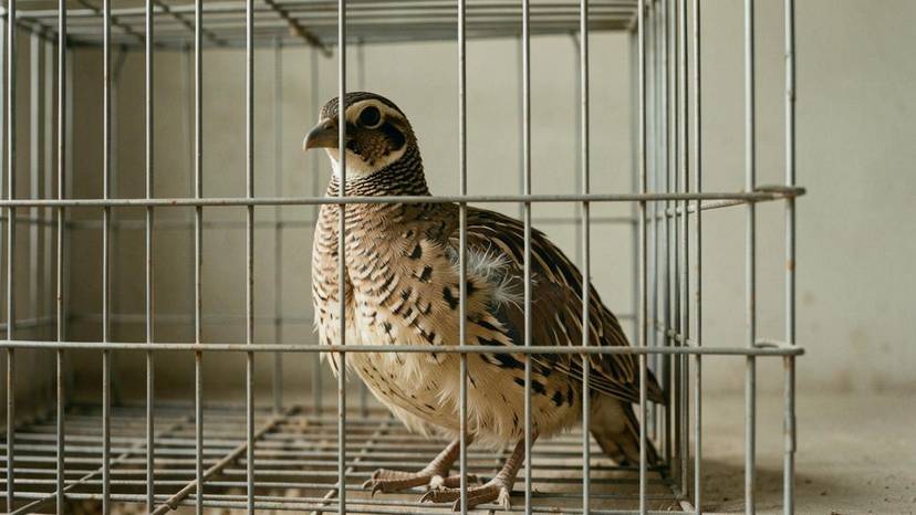 Quail in battery cage showing suffering and feather loss in industrial farming setting
