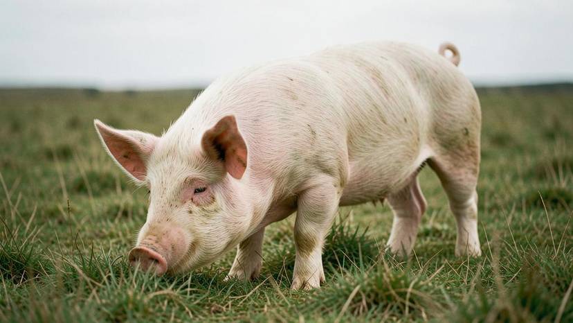 Free-range pigs foraging in UK pasture, representing antibiotic-free pork with higher welfare standards