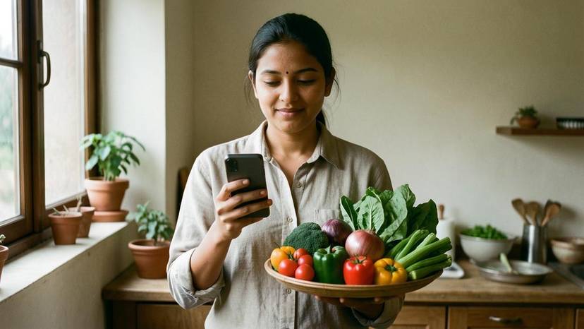 Surplus food app smartphone interface with fresh vegetables in Indian kitchen reducing food waste