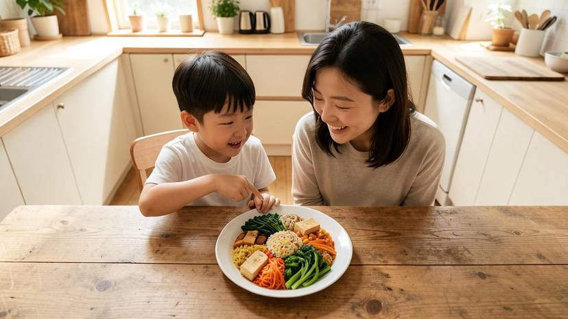 한국 엄마와 아이가 식물성 비빔밥을 보며 동물권과 음식 기원에 대해 대화하는 모습