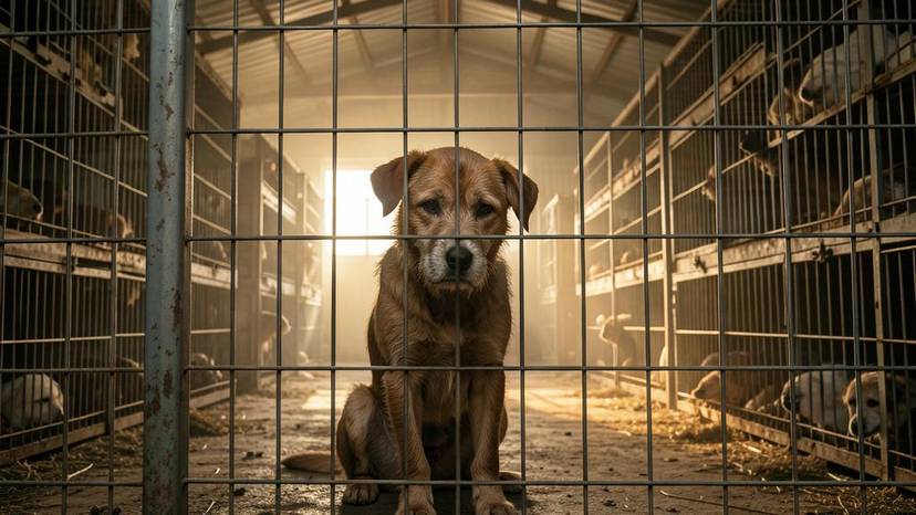 Σκύλος σε κλουβί σε παράνομο εκτροφείο puppy mill με βρώμικο περιβάλλον και συρματόπλεγμα