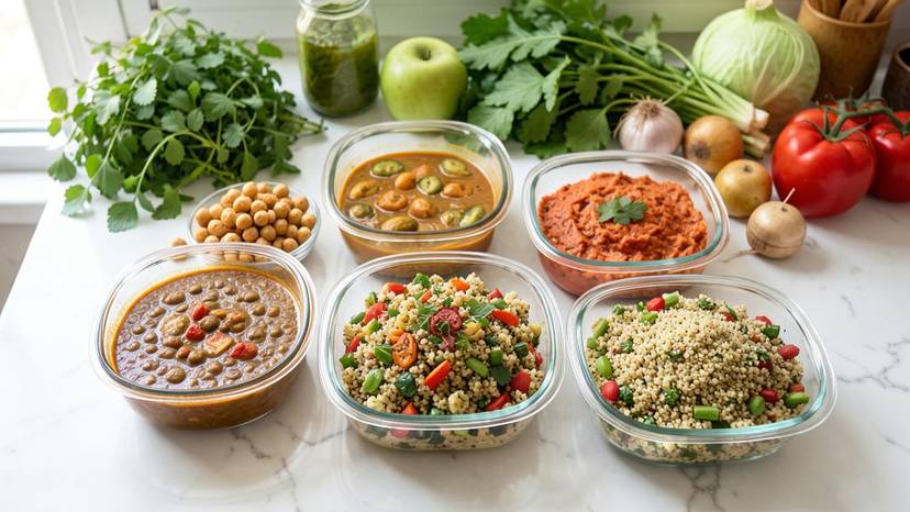آشپزی دسته‌جمعی وگان در تهران با ظروف شیشه‌ای غذای آماده هفتگی و سبزیجات تازه