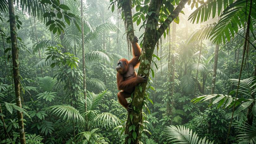 Orangutan sumatera di habitat hutan hujan, simbol ekowisata berkelanjutan di Indonesia