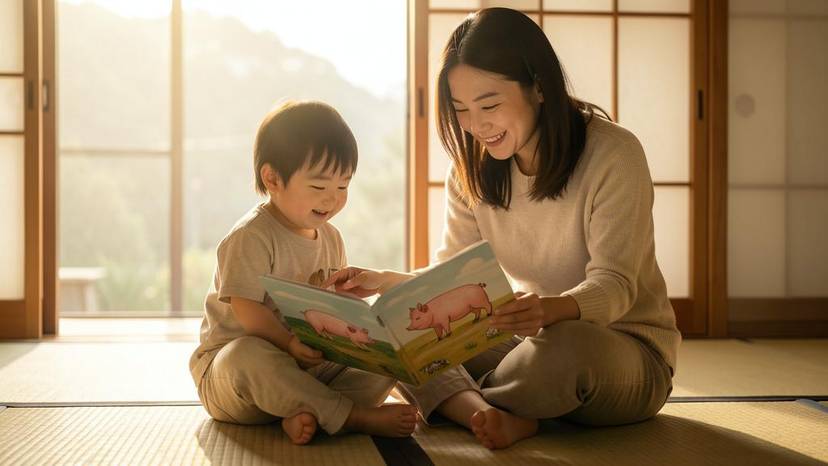 日本の親子が動物の絵本を読みながら肉の話し方を学ぶ様子