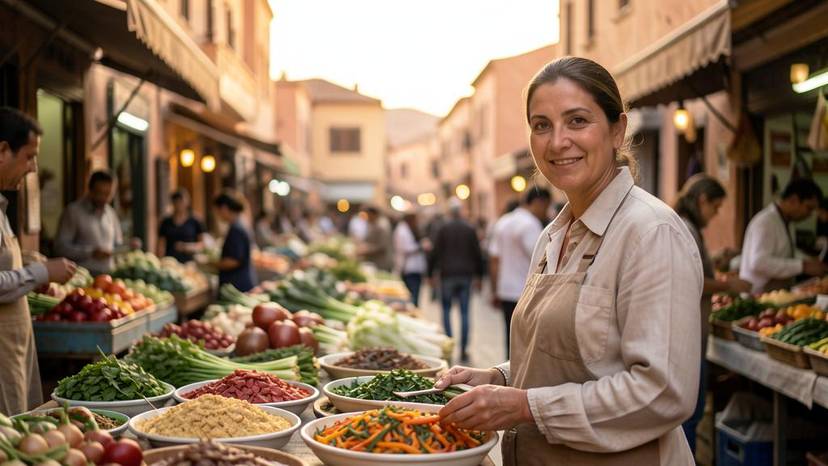 دليل السفر النباتي في المغرب العربي – سوق الخضروات في مراكش مع أطباق نباتية تقليدية