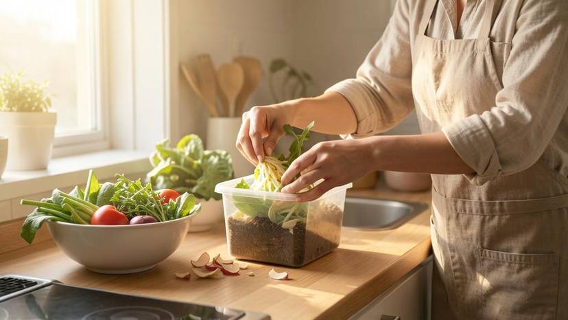 食品ロス削減のために生ごみをコンポスト容器に入れる日本の家庭のキッチン