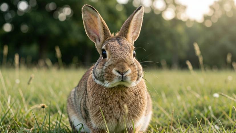 Konijn in de wei met zachte ochtendlicht, symbool van konijnenwelzijn en natuurlijk gedrag