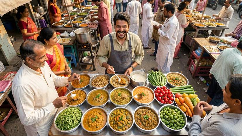ਪੰਜਾਬ ਦੇ ਬਾਜ਼ਾਰ ਵਿੱਚ ਸ਼ਾਕਾਹਾਰੀ ਪਕਵਾਨਾਂ ਦੀ ਰੰਗੀਨ ਤਸਵੀਰ, ਜਿਸ ਵਿੱਚ ਚੋਲੇ, ਬੈਂਗਣ ਭਰਤਾ ਅਤੇ ਤਾਜ਼ੀਆਂ ਸਬਜ਼ੀਆਂ ਸ਼ਾਮਲ ਹਨ
