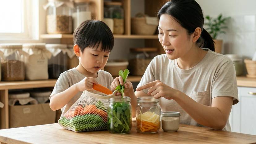 如何与孩子谈论动物与食物：中国零浪费家庭在厨房用玻璃罐分装蔬菜，亲子对话场景