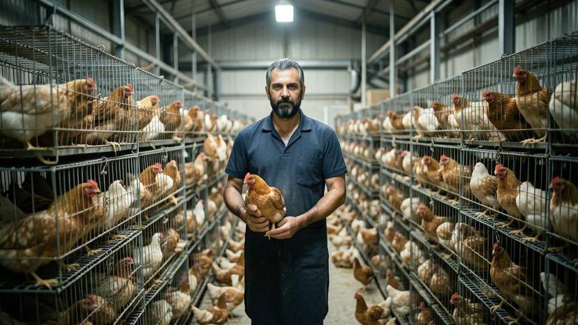 دجاج في أقفاص ضيقة داخل مزرعة صناعية، ظروف تزيد من انتشار الأمراض الحيوانية المنشأ