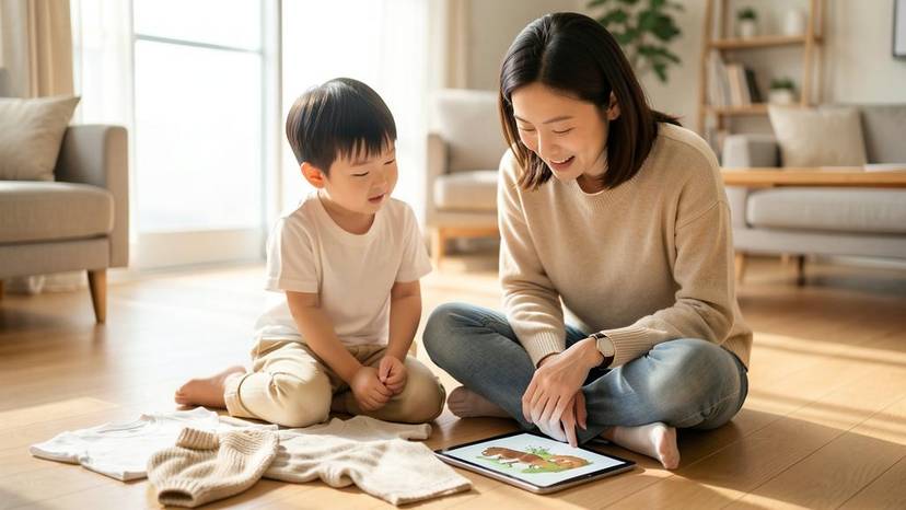 아이와 엄마가 동물성 소재 옷을 살펴보며 비건 패션과 윤리적 선택에 대해 이야기하는 모습