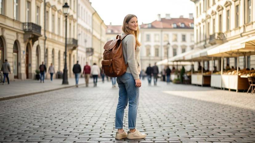 веганський шопінг Львів: туристка з еко-шкіряним рюкзаком на площі Ринок