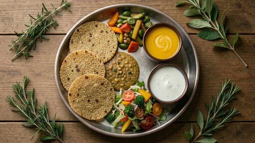 ગુજરાતી થાળીમાં પ્લાન્ટ-આધારિત આંતરડાં સ્વાસ્થ્ય માટે ફાઈબર અને પ્રોબાયોટિક ભોજન