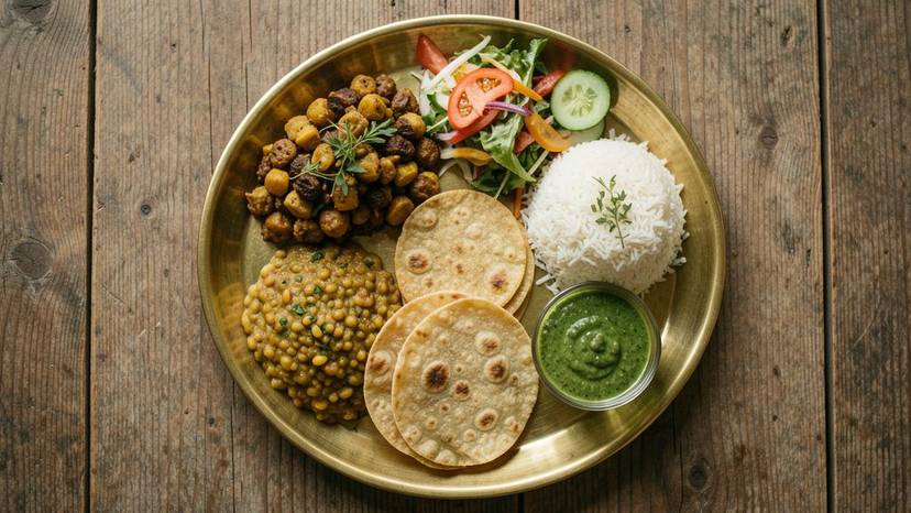 ગુજરાતી વીગન થાળી: અંધી, થેપલા, દાળ અને સલાડ સાથે પરંપરાગત પ્લાન્ટ-આધારિત ભોજન