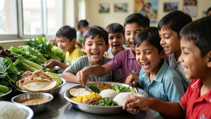 ગુજરાતી શાળામાં બાળકો પ્લાન્ટ-આધારિત થાળી ખાતાં, સ્વાસ્થ્ય અને પ્રાણી કલ્યાણ માટે શાળા ભોજન