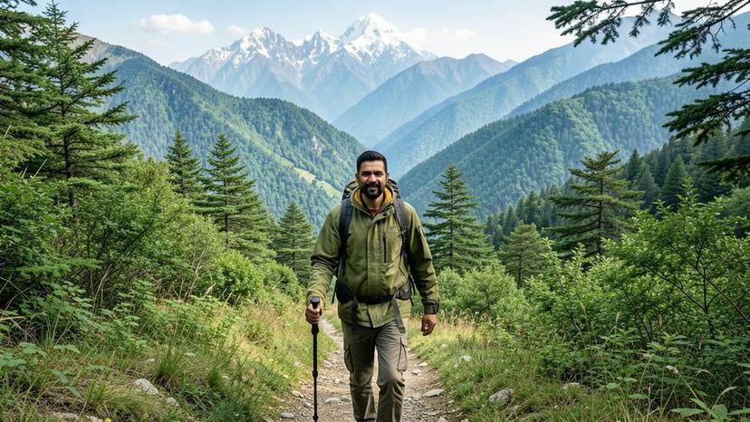 ਪੰਜਾਬ ਵਿੱਚ PFAS-ਮੁਕਤ ਵੀਗਨ ਆਊਟਡੋਰ ਜੈਕਟ ਪਹਿਨ ਕੇ ਹਾਈਕਿੰਗ ਕਰਦਾ ਵਿਅਕਤੀ, ਹਿਮਾਲਿਆ ਦੇ ਜੰਗਲ ਵਿੱਚ