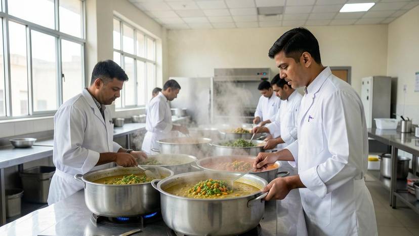 ગુજરાત જેલ રસોડામાં વેગન પ્રિઝન ફૂડ રિફોર્મ માટે શાકાહારી ભોજન તૈયાર થતું હોવાનો દૃશ્ય