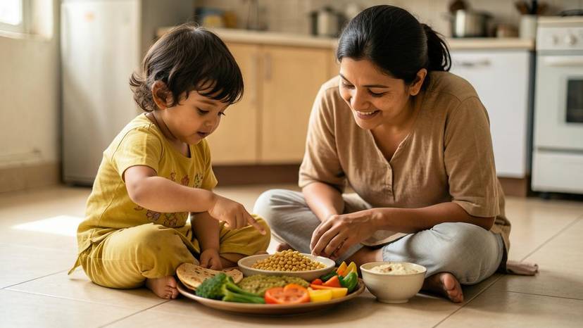 ગુજરાતી માતા અને બાળક પ્લાન્ટ-આધારિત થાળીમાંથી શાકભાજી અને દાળ ખાતા, બાળકોને માંસ અને ડેરી વિશે શરમ વિના સમજાવવાનું દ્રશ્ય