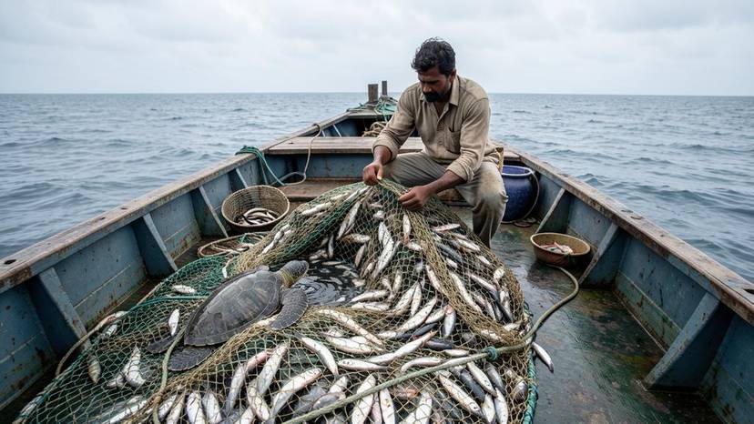 ગુજરાતના દરિયાકાંઠે માછીમાર બાયકેચ ઘટાડવા માટે જાળમાંથી દરિયાઈ કાચબાને છોડતો હોય તેવું દૃશ્ય