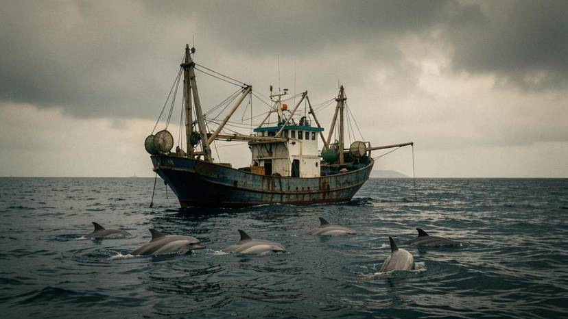 Industrial fishing vessel na may lambat at mga dolphin sa karagatan ng Pilipinas — bycatch at navy tuna rasyon