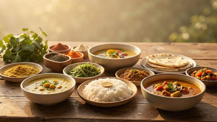 ગુજરાતી વેગન થાળીમાં દાળ, ભાત, રોટલી અને શાકભાજીની વાનગીઓ, ડેરી-મુક્ત રસોઈ માટે શિખાઉ માર્ગદર્શિકા