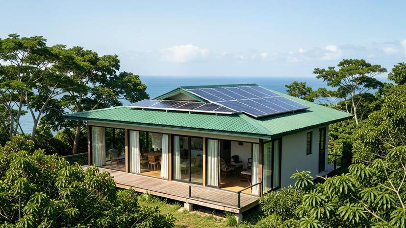 Passive house na may solar panels at berdeng bubong malapit sa karagatan sa Pilipinas, nagpapakita ng sustainable na pamumuhay