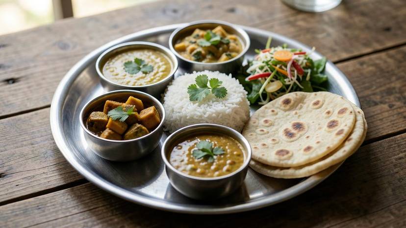 ઝીરો-વેસ્ટ વેગન થાળી ગુજરાતી શાકભાજી, દાળ, ચોખા અને રોટલી સાથે સ્ટીલની થાળીમાં પીરસાયેલી